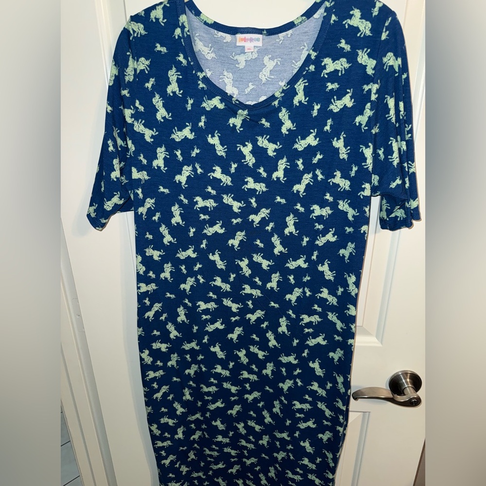 LulaRoe Julia Blue dress with Unicorns XL